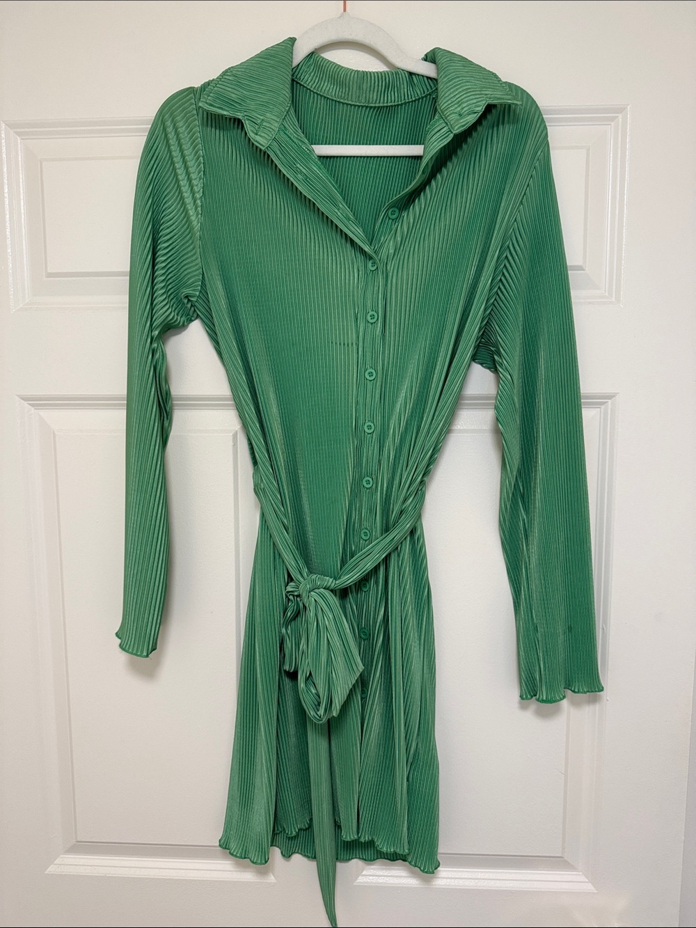 Green Pleated Mini Shirt Dress with Tie Waist